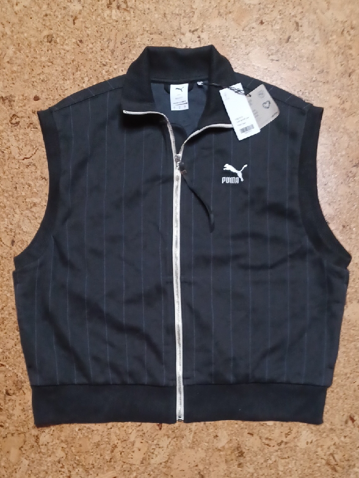 Puma Men's Black Pinstripe Luxe Gilet Zip Up Vest Sample Size L Nwt